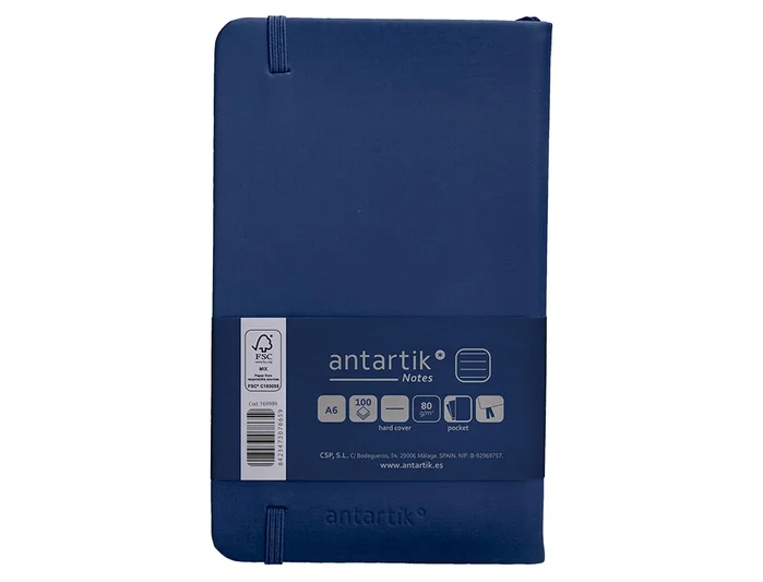 Antartik Cuaderno Tapa Dura A6, 100 Hojas Rayadas 80gr FSC, Azul Marino, Cierre Gomilla, Bolsillo Interior Antartik Cuaderno Tapa Dura A6, 100 Hojas Rayadas 80gr FSC, Azul Marino, Cierre Gomilla, Bolsillo Interior