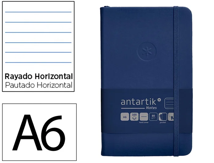 Antartik Cuaderno Tapa Dura A6, 100 Hojas Rayadas 80gr FSC, Azul Marino, Cierre Gomilla, Bolsillo Interior Antartik Cuaderno Tapa Dura A6, 100 Hojas Rayadas 80gr FSC, Azul Marino, Cierre Gomilla, Bolsillo Interior