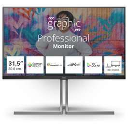 AOC U32U3CV Monitor 80cm (32") 4K UHD IPS HDR DisplayHDR 400, Nano IPS, 60Hz, 2xHDMI, DisplayPort 1.4, USB-C 96W PD, Altavoces, Soporte Ajustable