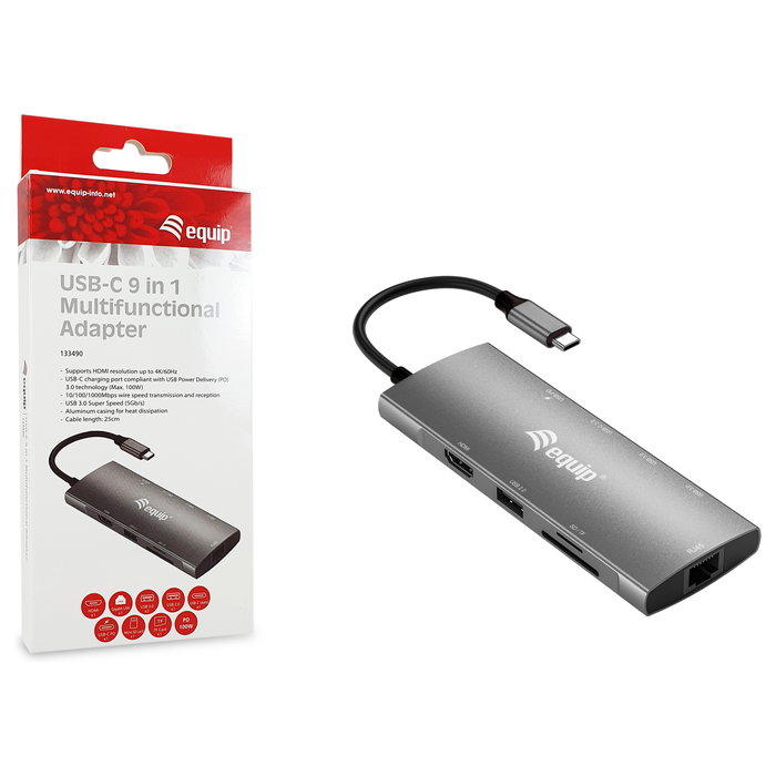 Equip Adaptador Multifuncional USB-C 9 en 1 HDMI 4K/60Hz Plata