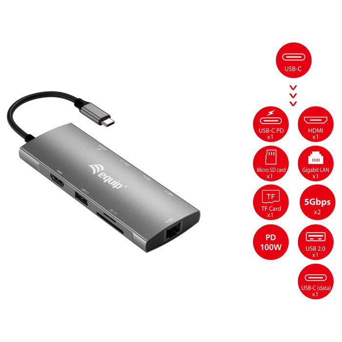 Equip Adaptador Multifuncional USB-C 9 en 1 HDMI 4K/60Hz Plata