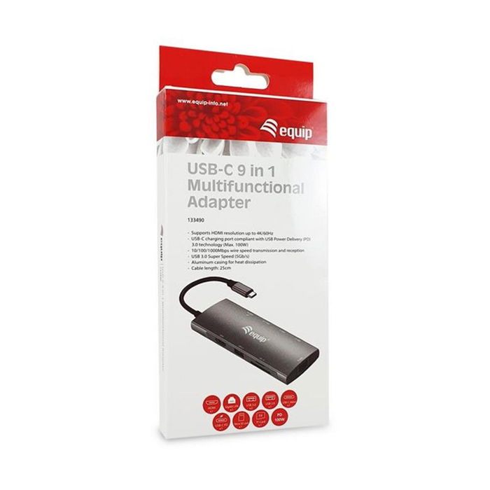 Equip 133490 Adaptador USB-C 9 en 1 Docking Station, HDMI 4K/60Hz, Gigabit LAN, 3x USB 3.2, SD/TF, Carga PD 100W, Cable 25 cm - Plata