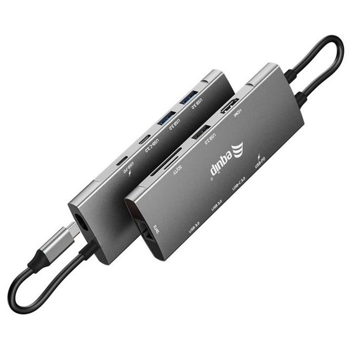 Equip 133490 Adaptador USB-C 9 en 1 Docking Station, HDMI 4K/60Hz, Gigabit LAN, 3x USB 3.2, SD/TF, Carga PD 100W, Cable 25 cm - Plata