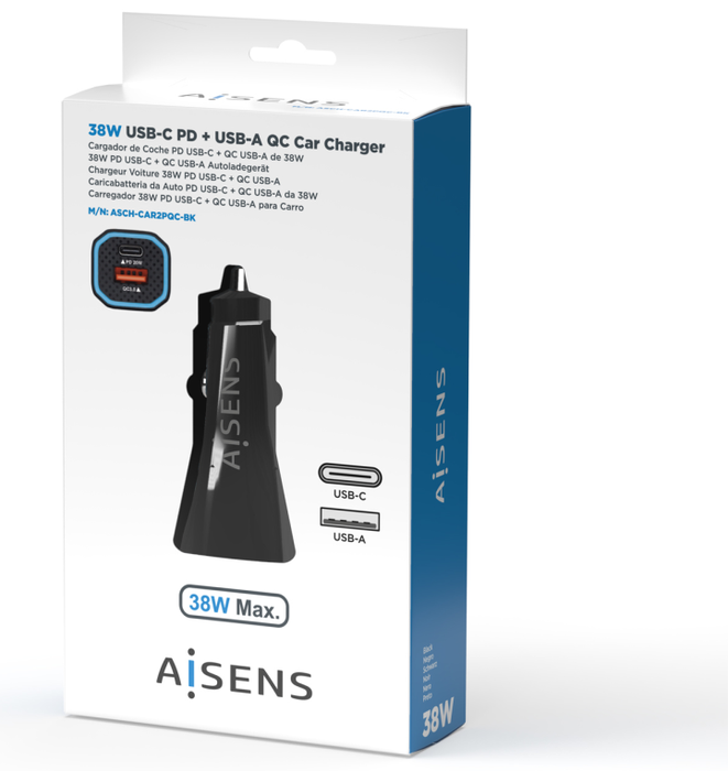 AISENS Cargador de Coche 38W con USB-C PD3.0 y USB-A QC3.0, Negro AISENS Cargador de Coche 38W con USB-C PD3.0 y USB-A QC3.0, Negro