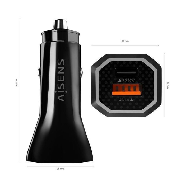 AISENS Cargador de Coche 38W con USB-C PD3.0 y USB-A QC3.0, Negro AISENS Cargador de Coche 38W con USB-C PD3.0 y USB-A QC3.0, Negro