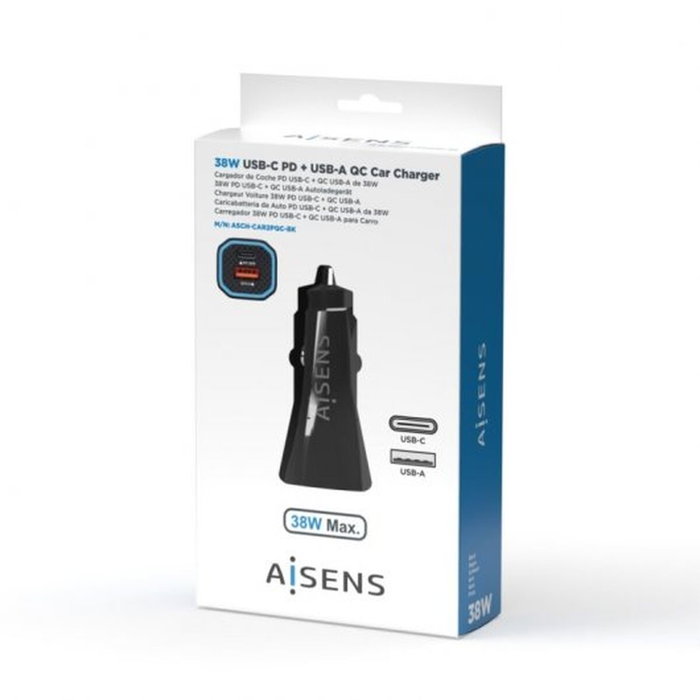 AISENS Cargador de Coche 38W con USB-C PD3.0 y USB-A QC3.0, Negro AISENS Cargador de Coche 38W con USB-C PD3.0 y USB-A QC3.0, Negro