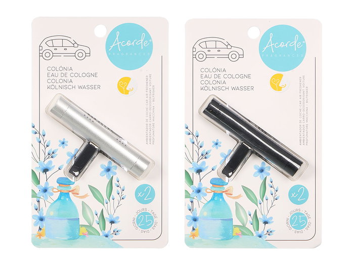 Acorde Ambientador de Coche con 3 Recambios de Colonia Surtidos - Aluminio, Plata/Negro, Dimensiones: 8 x 4 x 1.4 cm (Set de 24)