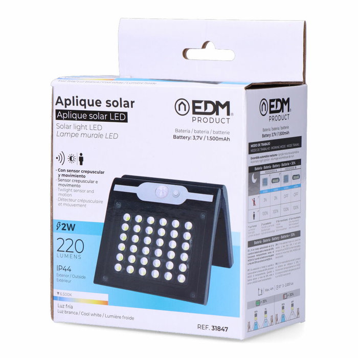Edm Aplique solar con sensor color negro, 2 W Edm Aplique solar con sensor color negro, 2 W