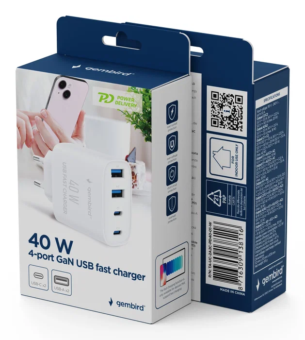 Gembird Cargador Rápido 40 W GaN con 4 Puertos USB Blanco