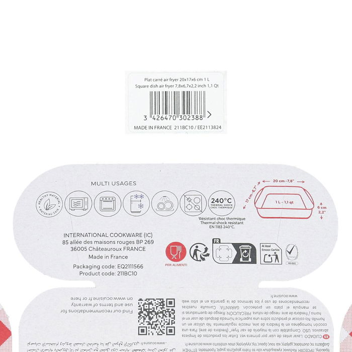 Fuente Cuadrada Vidrio Airfryer Ô Cuisine 20x17x6 cm - 1 L