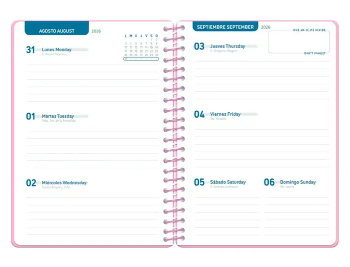 Liderpapel Agenda Escolar 2026-2027 Classic, Semana Vista A5, Espiral, Bilingüe, Papel FSC 70g, Color Rosa