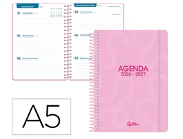 Liderpapel Agenda Escolar 2026-2027 Classic, Semana Vista A5, Espiral, Bilingüe, Papel FSC 70g, Color Rosa
