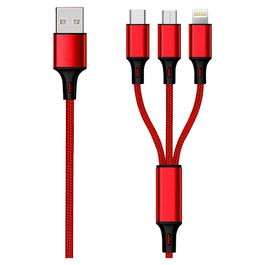 2GO 797150 Cable de Carga USB 3 en 1, USB-A a USB-C/Micro-USB/Lightning, 1.5m, Nylon, Rojo, 3A