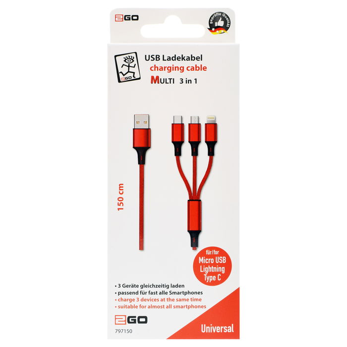 2GO 797150 Cable de Carga USB 3 en 1, USB-A a USB-C/Micro-USB/Lightning, 1.5m, Nylon, Rojo, 3A
