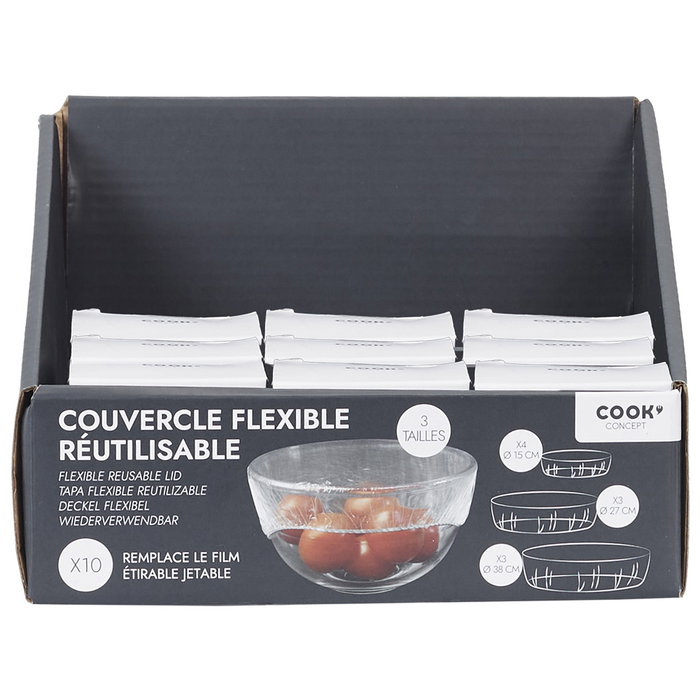 Cook Concept Juego de 10 Tapas Reutilizables Flexibles para Conservación de Alimentos, 4x15cm, 3x27cm, 3x38cm