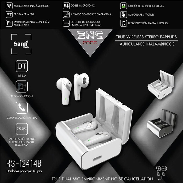 SAMI Auriculares Inalámbricos TWS ENC Pods con Cancelación de Ruido para Llamadas - 40mAh + Cargador 400mAh