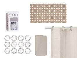 Berilo Set Baño Cortina Peva y Alfombra Ducha Beige 28.5x43x6 cm Cortina 180x180 cm Alfombra 68x63 cm (Set de 12)
