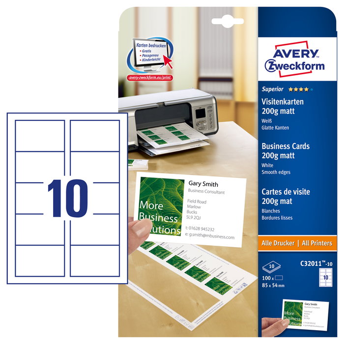 AVERY Zweckform Tarjetas de visita C32011-10 blanco mate 200 g/qm, 100 unidades