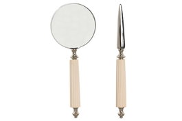 DKD Home Decor Lupa de Mano Colonial Blanco Plateado Acero Hueso Cristal Set de 2 8 x 30 x 8 cm