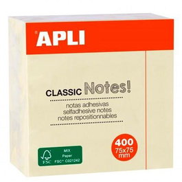 Apli Notas Adhesivas Classic 75x75 mm, Cubo 400 Hojas, Amarillo