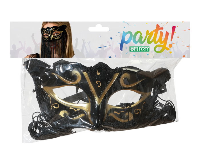 Antifaz Negro con Detalles Dorados y Flecos para Disfraz de Cabaret o Misterio Antifaz Negro con Detalles Dorados y Flecos para Disfraz de Cabaret o Misterio