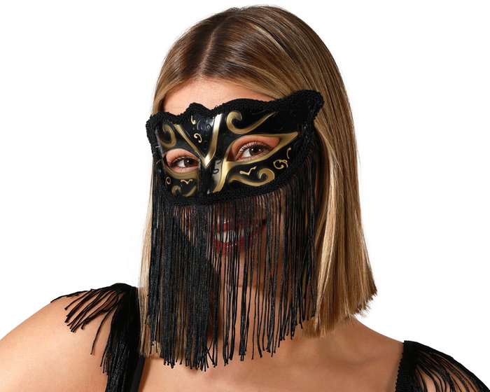 Antifaz Negro con Detalles Dorados y Flecos para Disfraz de Cabaret o Misterio Antifaz Negro con Detalles Dorados y Flecos para Disfraz de Cabaret o Misterio
