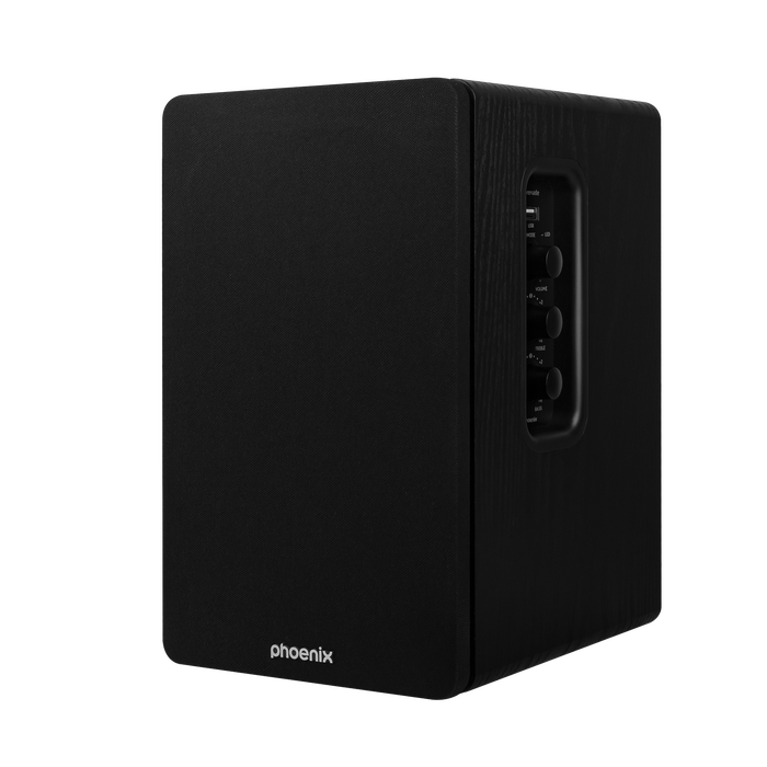 Phoenix Altavoces de Estudio para PC Phoenix Serenade 60W Estéreo 2.0 con Bluetooth 5.0, Conexiones RCA/USB/Óptica, Control Remoto, Construcción Madera