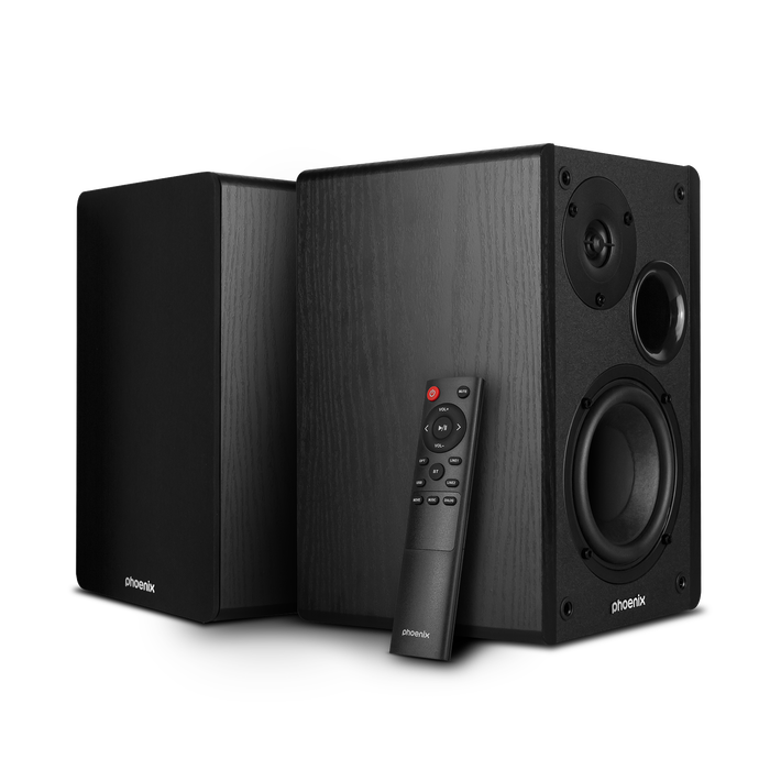 Phoenix Altavoces de Estudio para PC Phoenix Serenade 60W Estéreo 2.0 con Bluetooth 5.0, Conexiones RCA/USB/Óptica, Control Remoto, Construcción Madera