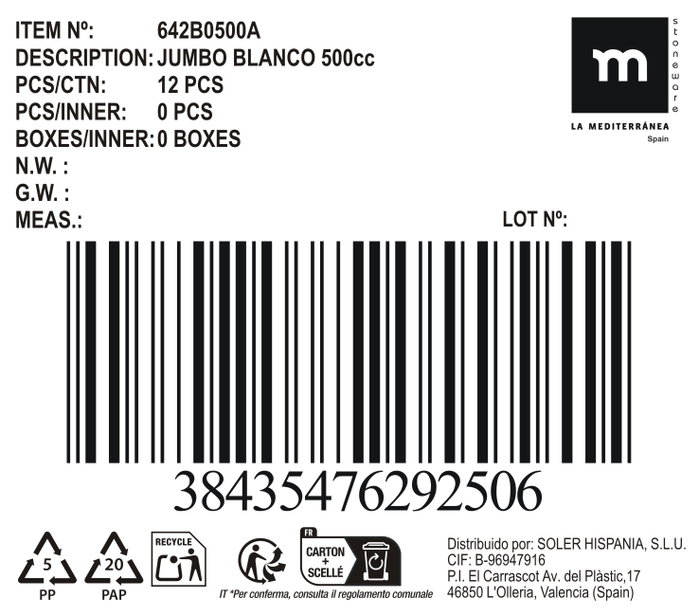 Inde Jumbo Blanca 500Cc Ø11.5x15x8.2 cm (12 Unidades)