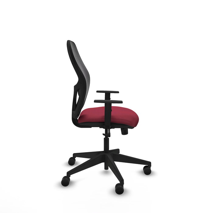 Silla de oficina Alocén con mecanismo Sincro tapizada con Tela color Granate y malla color Negro. Equipada con lumbar 1D, Brazos 1D y Ruedas 65mm nailon