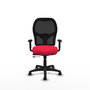 Silla de oficina Alocén con mecanismo Sincro/Traslack tapizada con Tela color Rojo y malla color Negro. Equipada con lumbar 1D, Brazos 1D y Ruedas de nailon 50 mm