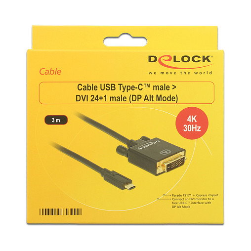 DeLOCK Adaptador USB Type-C a DVI 24+1 4K 30 Hz 3 m Negro
