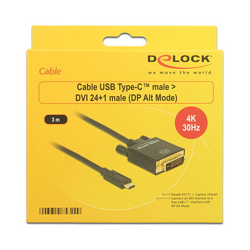 DeLOCK Adaptador USB-C a DVI 24+1 Pin DP-Alt Mode 4K 30 Hz 3 m Negro, Referencia 87903