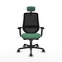 Silla de oficina Mardos con mecanismo Sincro/Traslack tapizada con Tela color Verde esmeralda y malla color Negro. Equipada con lumbar 1D, Brazos 2D, Cabecero 2D y Ruedas 65mm nailon