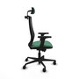 Silla de oficina Mardos con mecanismo Sincro/Traslack tapizada con Tela color Verde esmeralda y malla color Negro. Equipada con lumbar 1D, Brazos 2D, Cabecero 2D y Ruedas 65mm nailon
