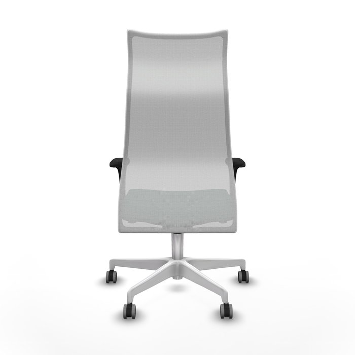 Sillón Albacete con mecanismo Sincro tapizada con Tela color Verde botella y malla color Blanco. Equipado con Base poliamida blanca, Brazos 1D y Ruedas 65 mm parqué