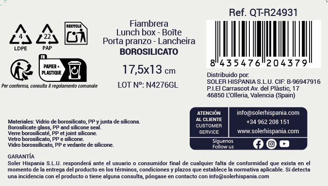 Quttin Fiambrera Rectangular Hermética 17.5 x 13 cm 600 cc (6 Unidades)