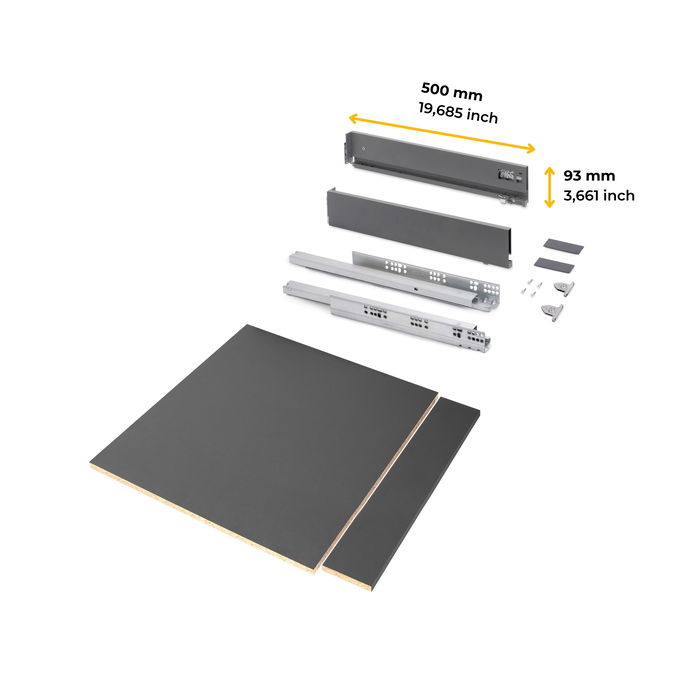 Emuca Kit de cajón para cocina o baño Vertex de altura 93mm con regulación 3D, tableros incluidos, módulo 600mm, Gris antracita