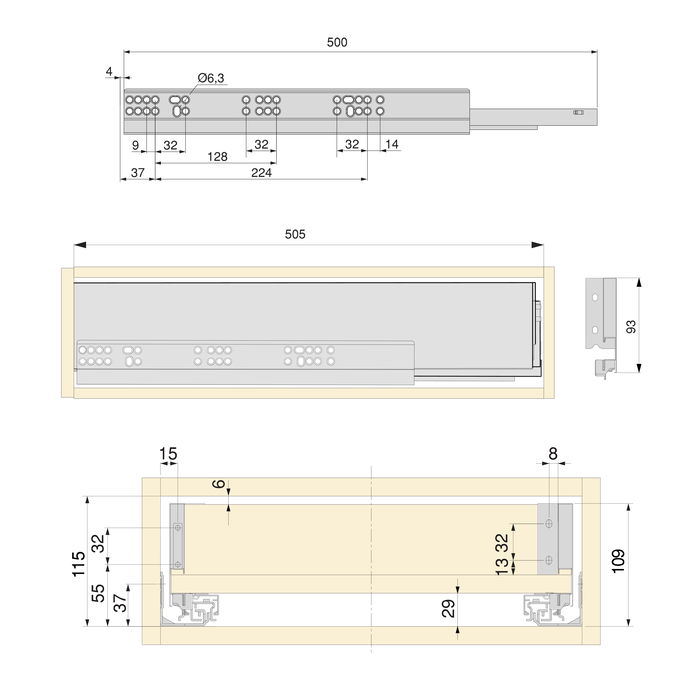 Emuca Kit de cajón para cocina o baño Vertex de altura 93mm con regulación 3D, tableros incluidos, módulo 600mm, Gris antracita