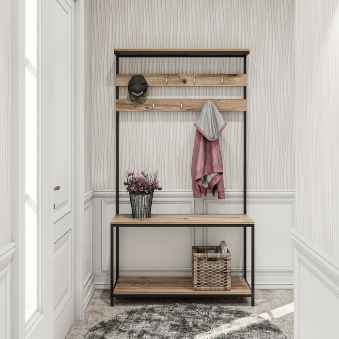 Hanah Home Recibidor Industrial Negro y Pino con Perchero 105x192x40 cm