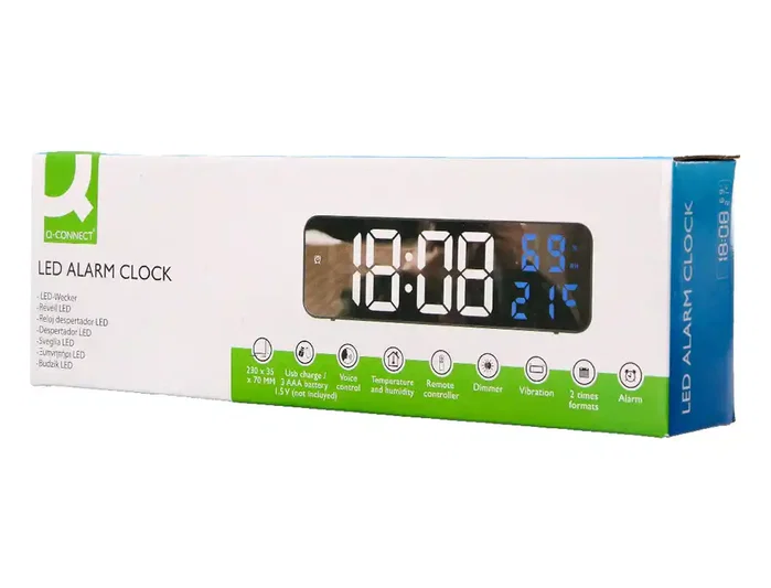 Q-connect Reloj Digital de Pared y Sobremesa con Temperatura, 2 Alarmas, LED y Medidas 230x35x70 mm