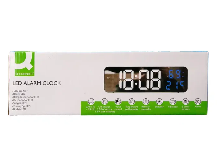 Q-connect Reloj Digital de Pared y Sobremesa con Temperatura, 2 Alarmas, LED y Medidas 230x35x70 mm