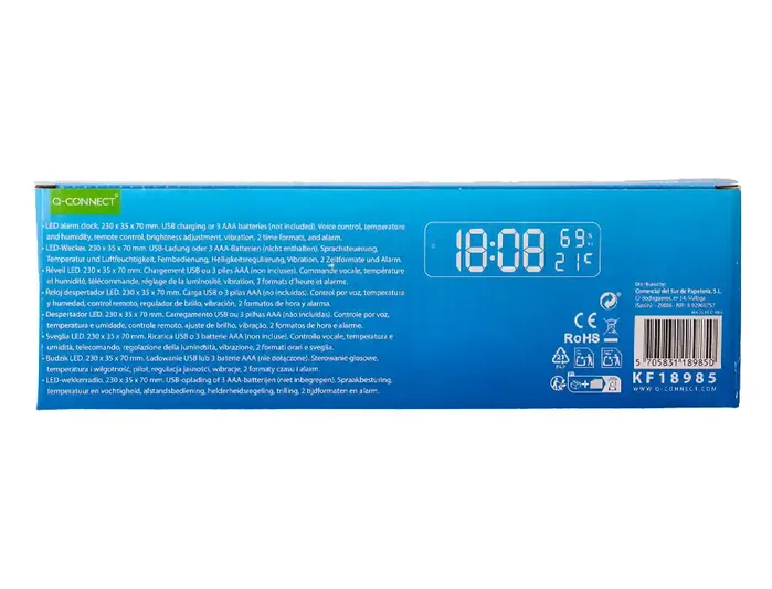 Q-connect Reloj Digital de Pared y Sobremesa con Temperatura, 2 Alarmas, LED y Medidas 230x35x70 mm