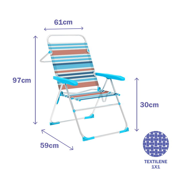 Marbueno Silla Plegable 5 Posiciones Aluminio Rayas Naranjas y Azules Playa y Piscina 59X61X97 cm 10464 Marbueno Silla Plegable 5 Posiciones Aluminio Rayas Naranjas y Azules Playa y Piscina 59X61X97 cm 10464