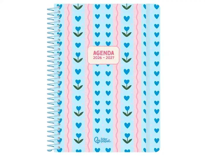 Liderpapel Agenda Escolar 2026-2027 Fantasy, Semana Vista A5, Espiral, Interior Bilingüe, Tapa Cartón, Papel FSC 80g, Azul Corazones