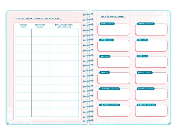 Liderpapel Agenda Escolar 2026-2027 Fantasy, Semana Vista A5, Espiral, Interior Bilingüe, Tapa Cartón, Papel FSC 80g, Azul Corazones