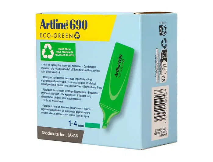 Artline Rotulador Fluorescente EK-690 Eco Green Verde punta biselada 1-4 mm