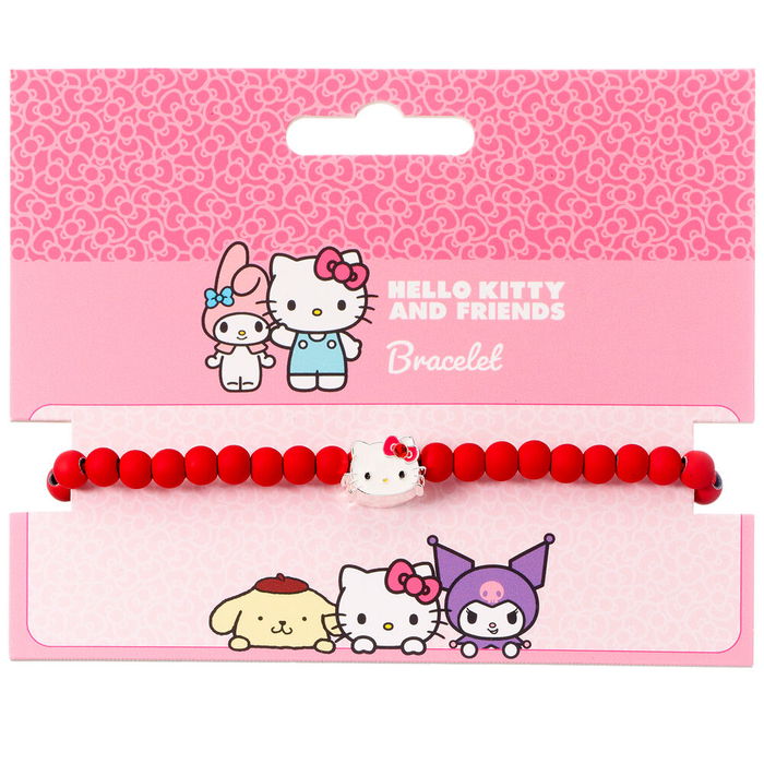 THE CARAT SHOP Pulsera Hello Kitty, Ajustable con Cuentas Rojas Mate y Charm Esmaltado Nácar, 17-21cm