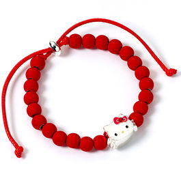 THE CARAT SHOP Pulsera Hello Kitty, Ajustable con Cuentas Rojas Mate y Charm Esmaltado Nácar, 17-21cm