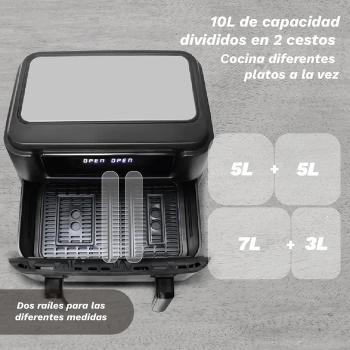 Grunkel DualFlexiFryer Freidora de Aire Dual 10L (2x5L o 7L+3L) 2800W, 10 Programas Automáticos, Pantalla Táctil, Negro